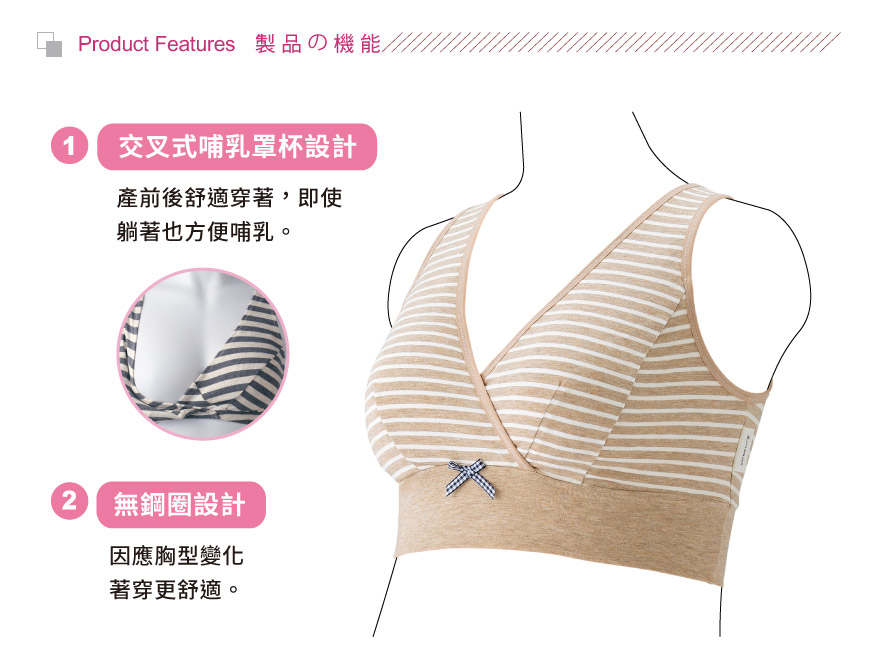 1、交叉式哺乳罩杯設計。2、無鋼圈設計。