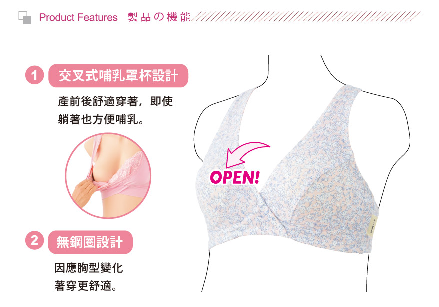 1、交叉式哺乳罩杯設計。2、無鋼圈設計。