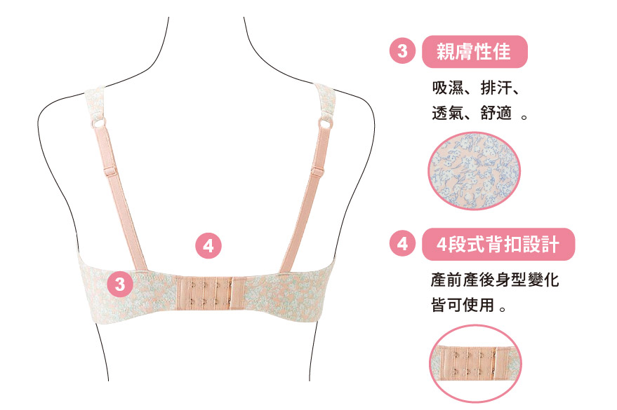 3、親膚性佳。4、4段式背扣設計。