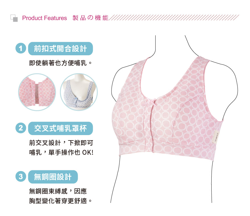 產品機能，1:前扣式開合設計。2、交叉式哺乳罩杯。3、無鋼圈設計。4、涼感素材親膚佳。5、內附胸墊