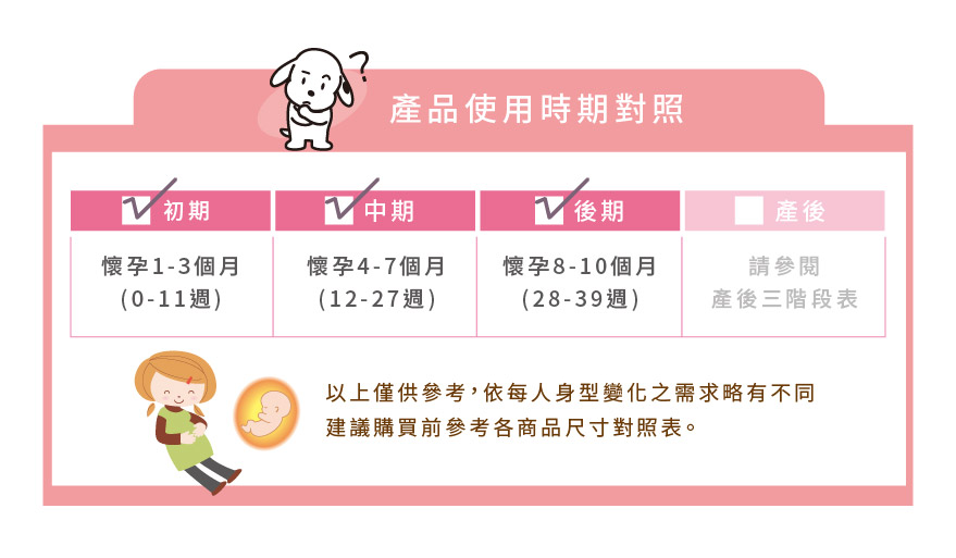 兩件式全腹隱形托腹帶的產品使用時期對照