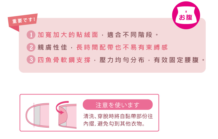 重要:1、加寬加大的貼絨面，是何不同階段。2、親膚性佳，長時間配帶也不易有束腹感。3、四魚骨軟鋼支撐，壓力均勻分布，有效固定腰腹。